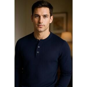 Michael Kors Mens Navy Cotton Ribbed Mock-Neck Henley Sweater L